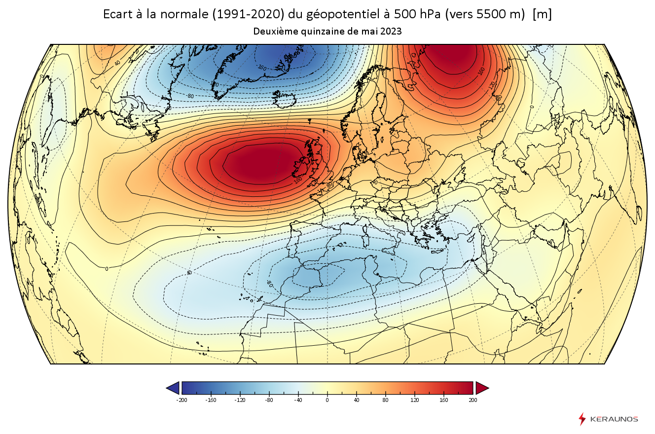 <p>La seconde partie du mois de mai, et donc la fin du printemps météorologique, a connu une anomalie anticyclonique remarquables sur le nord-ouest de l'#Europe avec persistance d'un flux continental inversé depuis près de 15 jours.</p>