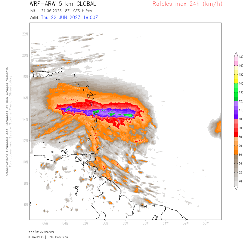 <p>Le modèle ARW 5 km simule des rafales de vent de 120 à 140 km/h sur la Martinique au passage de la tempête tropicale Bret. Des cumuls de pluie approchant localement les 250 mm sont également suggérés.</p>