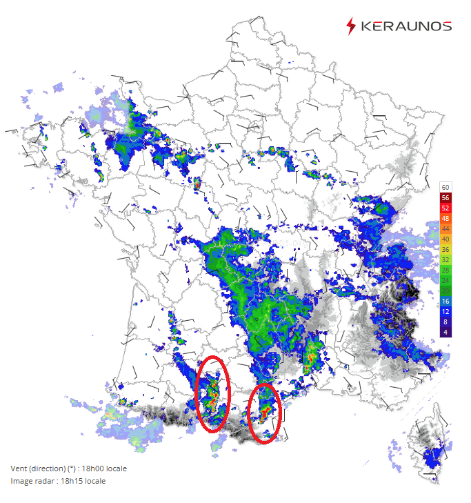 <p>De forts orages affectent actuellement la Haute-Garonne et l'Aude, avec des pluies intenses et de la grêle localisée. Près de 6000 éclairs ont été détectés au cours des 2 dernières heures en France.</p>