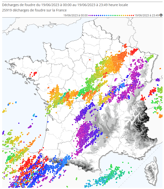 <p>Nouvelle journée orageuse et électrique ce lundi, avec 26.000 éclairs détectés en France. Les orages ont été plus particulièrement virulents du Poitou au Centre et à la Lorraine. Marne, Aube et Lot ont été les plus foudroyés.</p>