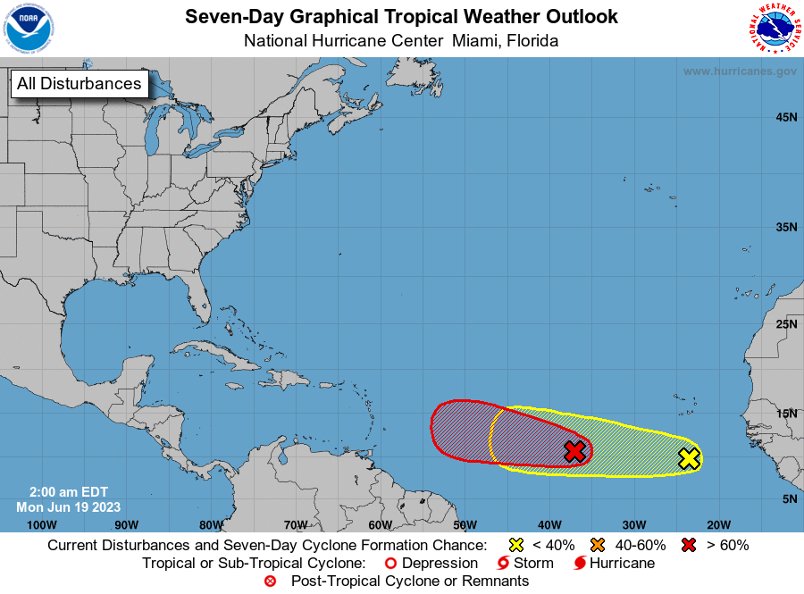 <p>Le développement d'un système tropical est très probable cette semaine dans l'Atlantique, avec risque d'impact sur les Petites Antilles à surveiller. Les ondes tropicales sorties d'Afrique sont particulièrement actives pour un mois de juin.</p>