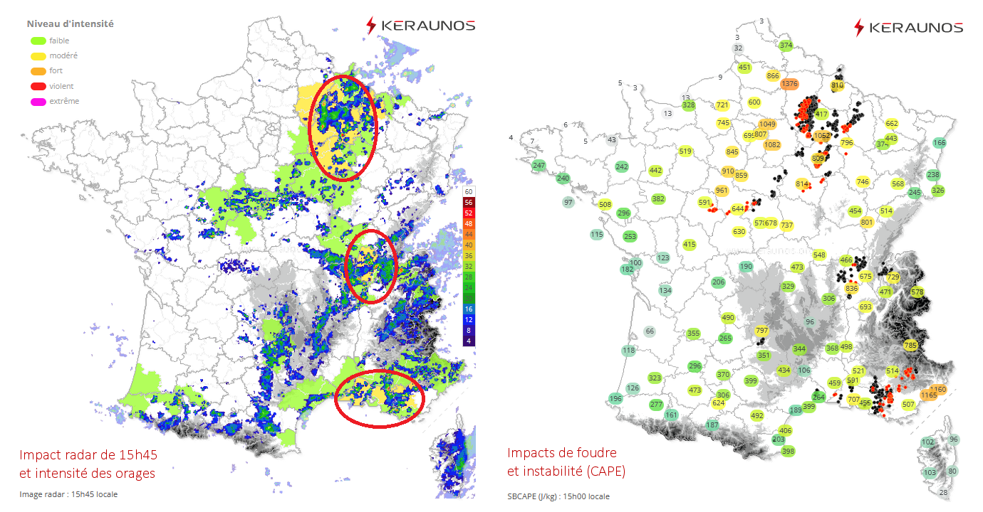 <p>Réactivation des orages comme prévu cet après-midi. Ils sont parfois actifs avec grêle, notamment en Champagne et aux extrémités nord et sud de la vallée du Rhône.</p>