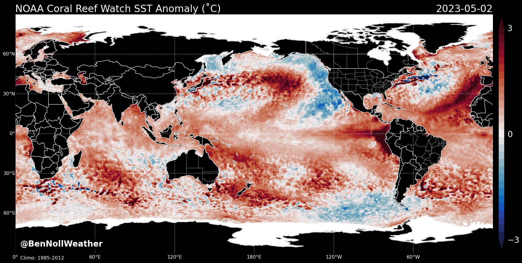 <p>Le développement d'#El Nino se poursuit avec une anomalie de +0,42°C dans le centre Pacifique (3.4). Le pic de l'événement est pour le moment prévu en début d'automne prochain.</p>