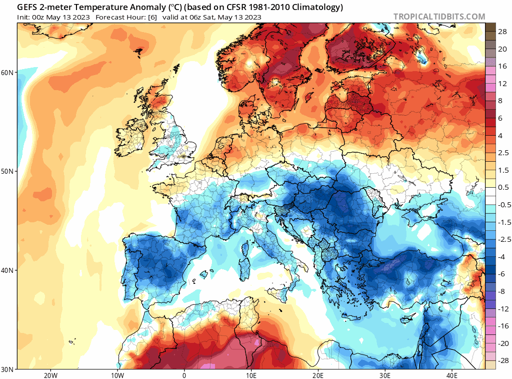 <p>Une nouvelle descente d'air froid, plus vigoureuse que celle de cette semaine, est attendue la semaine prochaine sur l'ouest de l'Europe avec réalimentation de la goutte froide en place. Retour à des températures plus clémentes envisagé après le 20/22 mai.</p>