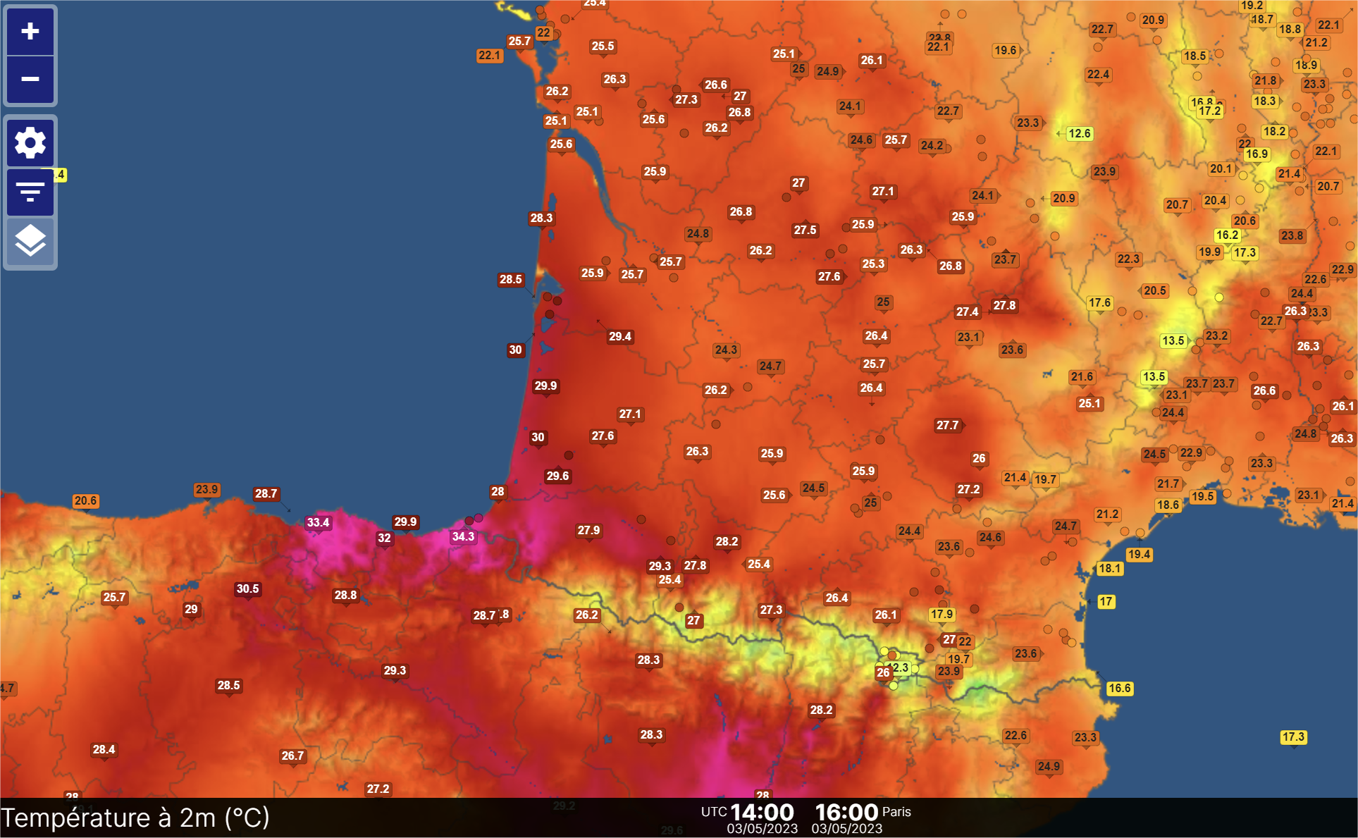 <p>Fortes chaleurs sur le sud-ouest du pays ce mercredi avec jusqu'à 33,2°C à Bustince, 33°C à la pointe de Socoa et 30 à 32°C jusqu'aux Landes. Carte Infoclimat</p>