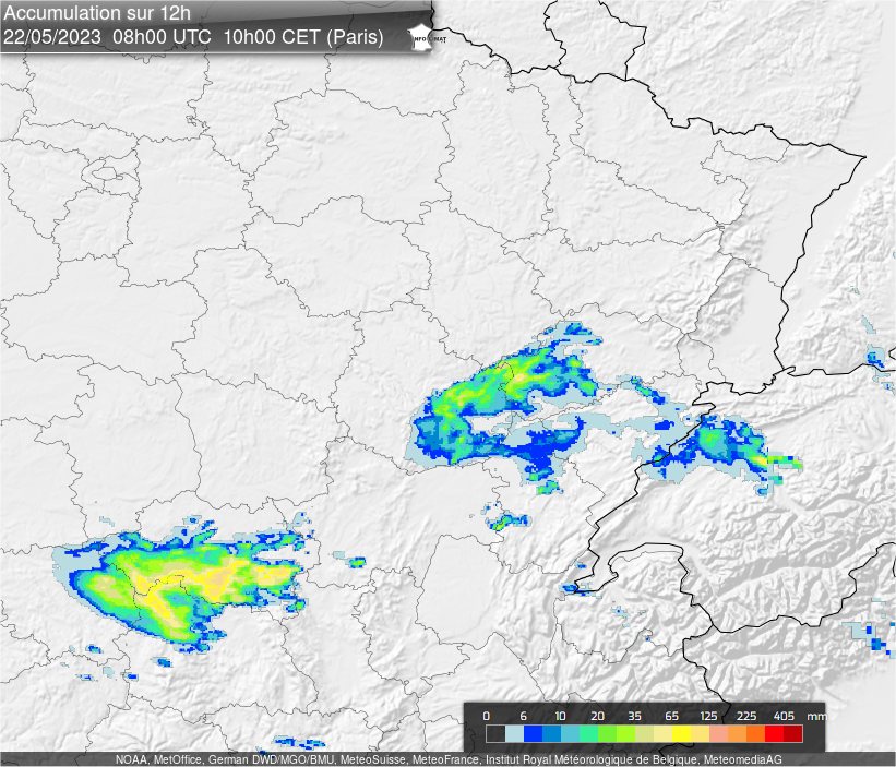 <p>Un système orageux multicellulaire peu mobile a déversé de forts cumuls de pluie sur le sud de l'Allier et le nord-ouest du #PuydeDome depuis la nuit dernière. Localement 100 mm estimés à la lame radar et 60 mm relevé par la station de Chareil-Cintrat. Carte radar Infoclimat</p>