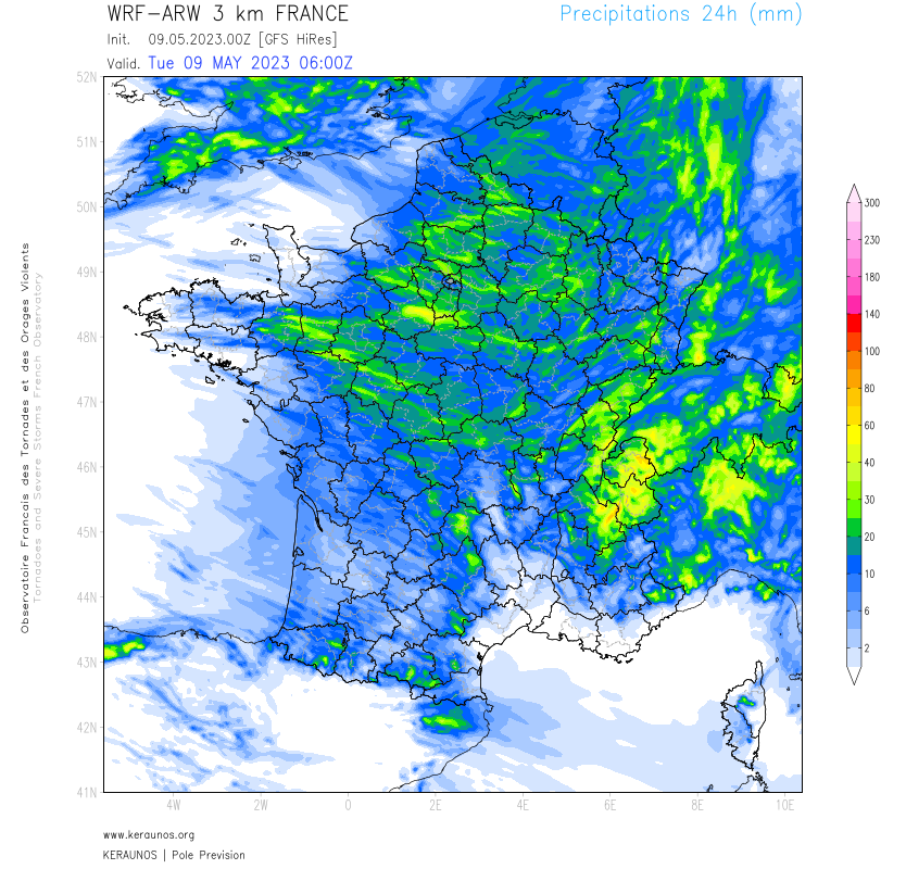 <p>Une perturbation active, suivie d'une traîne orageuse, sont attendues sur la France ce mardi. De bons cumuls de pluie sont prévus, notamment sur les Alpes où plus de 50 mm sont envisageables.</p>