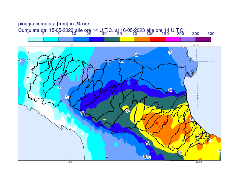 <p>Localement plus de 100 mm de pluie en Emilie-Romagne ces dernières 24h. L'est de la région est davantage concerné. Un épisode de pluies intenses est en cours, au plus près de la goutte froide centrée sur la région.</p>