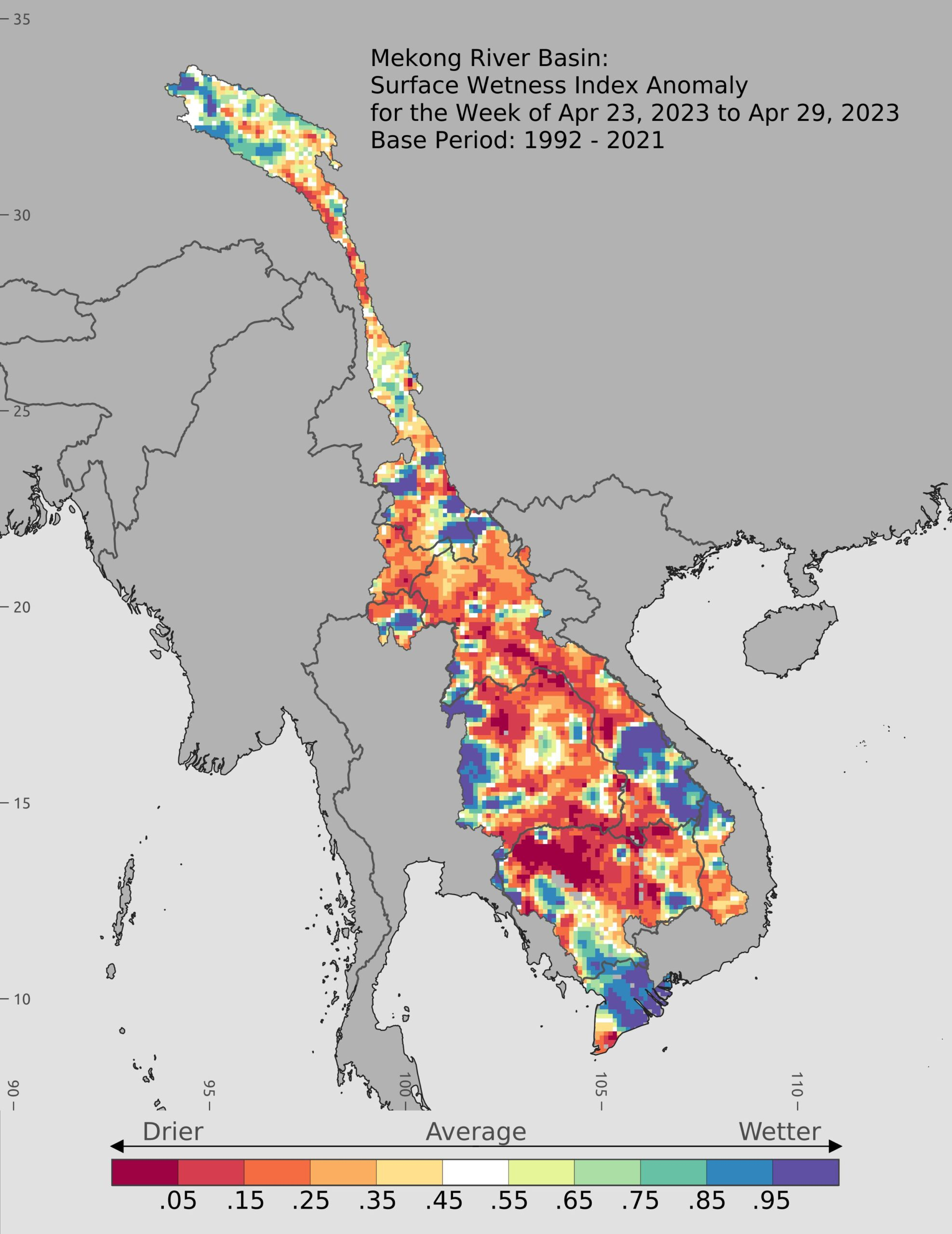 <p>En Asie du sud-est, avec les températures très au-dessus des normales depuis plusieurs semaine de cette période pré-mousson, le bassin du Mékong subit une sécheresse importante entre Laos, Thaïlande et Cambodge en particulier.</p>