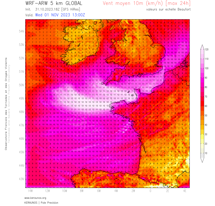 <p>Les vents de force 12 Beaufort (équivalent en mer d'une force ouragan) devraient être remarquablement étendus dans l'occlusion de la tempête Ciaran. De tels vents moyens (> 118 km/h) sur une aussi vaste étendue sont peu fréquents sur une dépression extratropicale.</p>