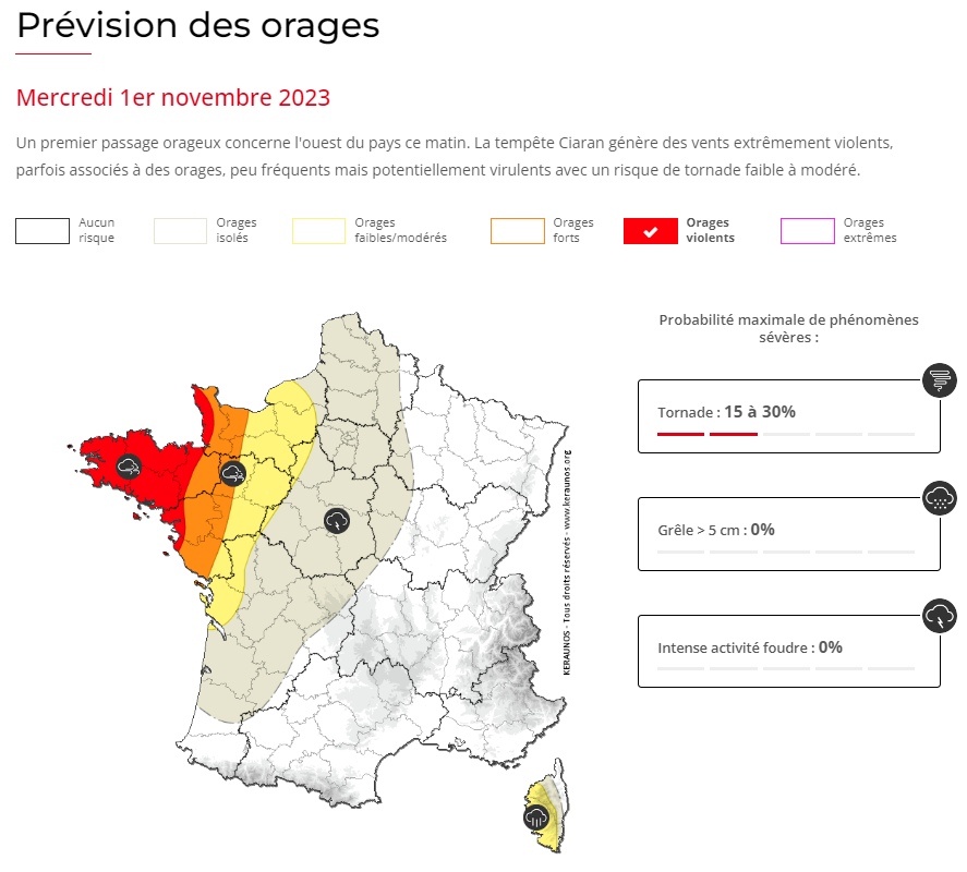 <p>Les orages vont être peu nombreux a priori au passage de la tempête Ciaran mais la masse d'air sera instable, propice aux rafales de nature convective. Le risque de tornades est jugé faible à localement modéré notamment sur l'ouest Bretagne</p>