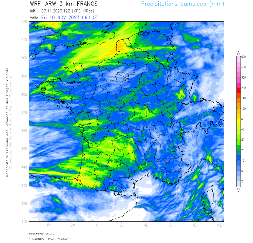 <p>Des pluies soutenues sont à nouveau prévues d'ici vendredi sur le Pas-de-Calais notamment (60/80 mm modélisés par ARW 3 km). D'autres pluies significatives prévues jeudi dans le sud-ouest déjà très arrosé également.</p>
