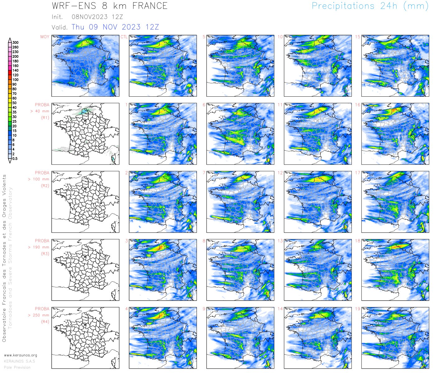 <p>Pas-de-Calais : la probabilité de dépasser 40 mm en 24h est très élevée sur la zone, avec signal faible mais non nul de valeurs > 80/100 mm en 24h sur le département. Les averses seront orageuses avec intensités possibles de 10 à 20 mm en 1h de jeudi après-midi jusqu'à vendredi midi.</p>