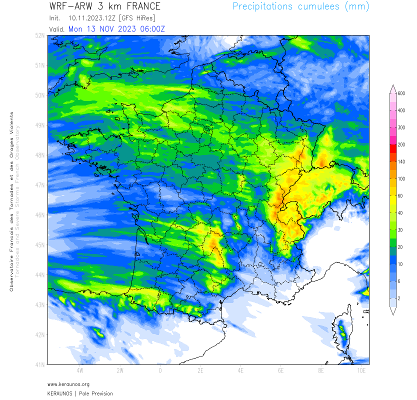 <p>D'ici lundi, près de 100 mm sont prévus sur les reliefs exposés à l'ouest (et localement 1 m de neige en altitude sur les Alpes). Au Lioran (Cantal), le cumul depuis le début du mois pourrait approcher 450 mm (368 à ce jour) et les 800 mm sur un mois glissant (depuis le 13/10).</p>