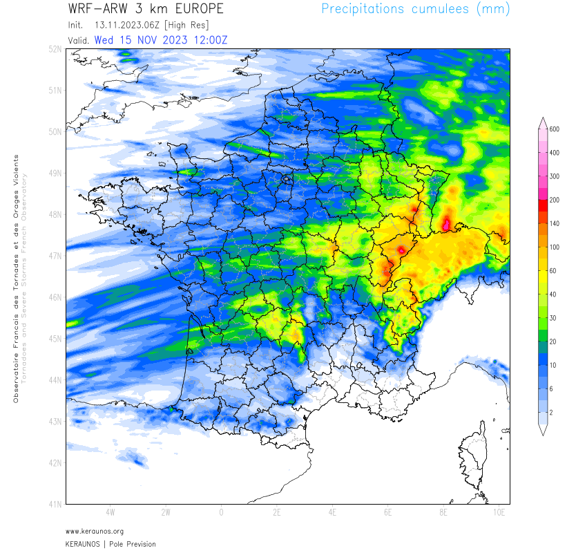 <p>Beaucoup de pluie attendue sur les reliefs exposés à l'ouest d'ici mercredi (Alpes, Jura, Vosges), avec des cumuls pouvant approcher 100 mm en 48h. Avec la grande douceur, fonte de la neige tombée parfois en abondance dans les Alpes, avec une iso 0°C qui va culminer à 3000 m.</p>