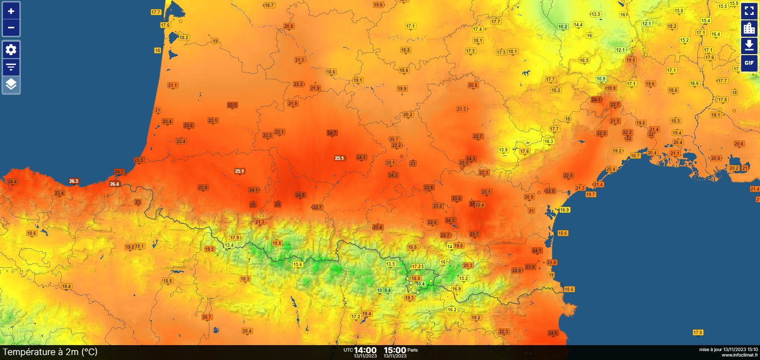 <p>Chaleur dans le vaste secteur chaud dans le sud-ouest avec quelques records mensuels battus sur les stations du réseau secondaire, entre les PO, l'Aude et les Pyrénées-Atlantiques où des valeurs de 24 à très ponctuellement 28°C sont relevées. Carte Infoclimat</p>