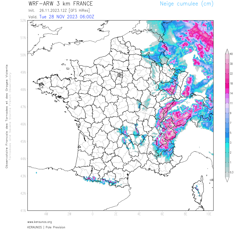 <p>Pour ce lundi, traces de neige possibles sur le nord-est au passage d'un front chaud. Puis, hausse de la limite pluie-neige avec chutes abondantes sur les reliefs de l'est. La limite pluie-neige redescendra ensuite temporairement avant un nouveau redoux.</p>