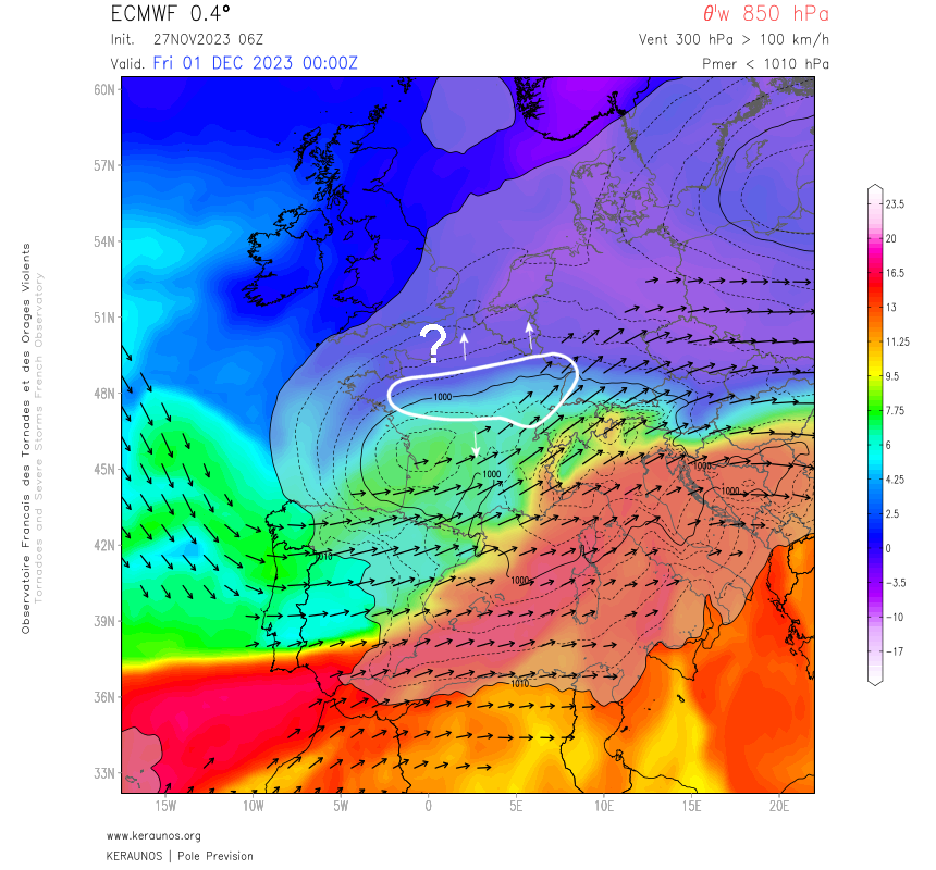 <p>La zone de contact air chaud/air froid sera davantage précipitante, avec risque de neige. Cet axe dépend du positionnement exact de la dépression qui rabat l'air froid par son flanc ouest. Il est possible d'observer 5 à 10 cm ou plus sur l'axe en question qui reste incertain.</p>