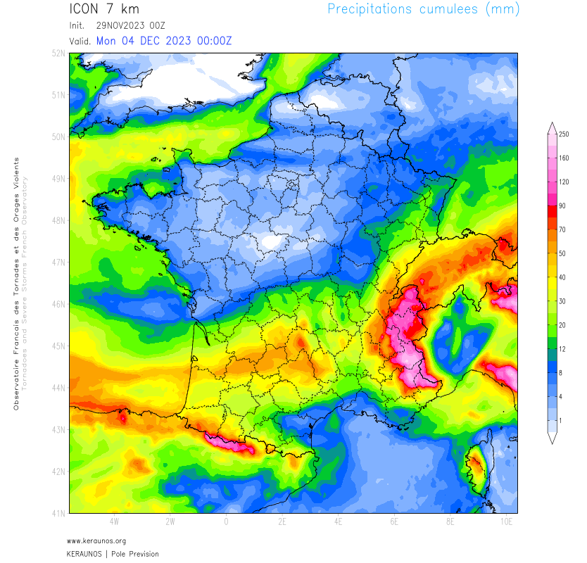 <p>Des cumuls de pluie importants sont attendus sur les Alpes d'ici la fin de semaine, avec hausse sensible de la limite pluie-neige avant une baisse vendredi. Plus de 200 mm sont attendus entre jeudi et samedi sur le sud des Alpes notamment.</p>