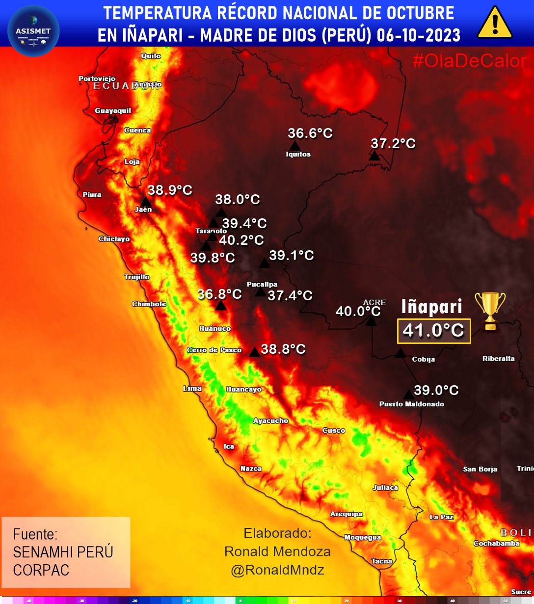 <p>Après avoir établi un record absolu national de chaleur fin septembre (41.4°C), le Pérou connaît un record national mensuel avec 41°C à Iñapari. Cette valeur bat les précédents records mensuels établis les jours précédents.</p>