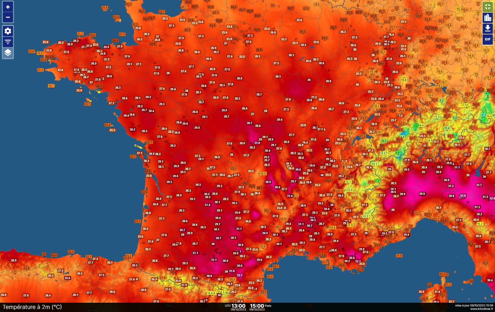 <p>Chaleur - La station de Lyon-Bron, ouverte il y a plus de 100 ans n'avait jamais atteint les 30°C en octobre, c'est désormais chose faite. Au Mont Aigoual (ouverte en 1895), record mensuel de minimale (15.8°C) et de maximale (21.2°C provisoire), ce 9 octobre est le jour d'octobre le plus chaud.</p>