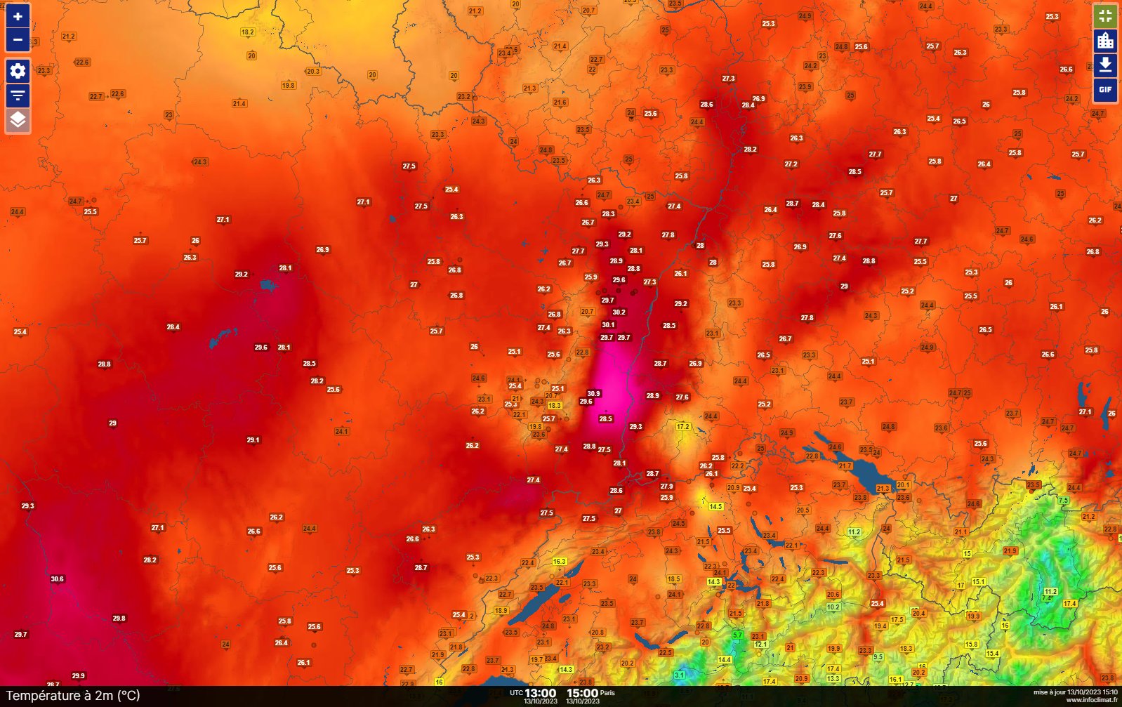 <p>Chaleur exceptionnelle en Alsace. Pour la première fois depuis le début des relevés il y a 100 ans, la station de Strasbourg-Entzheim a atteint les 30°C en octobre. Carte Infoclimat</p>