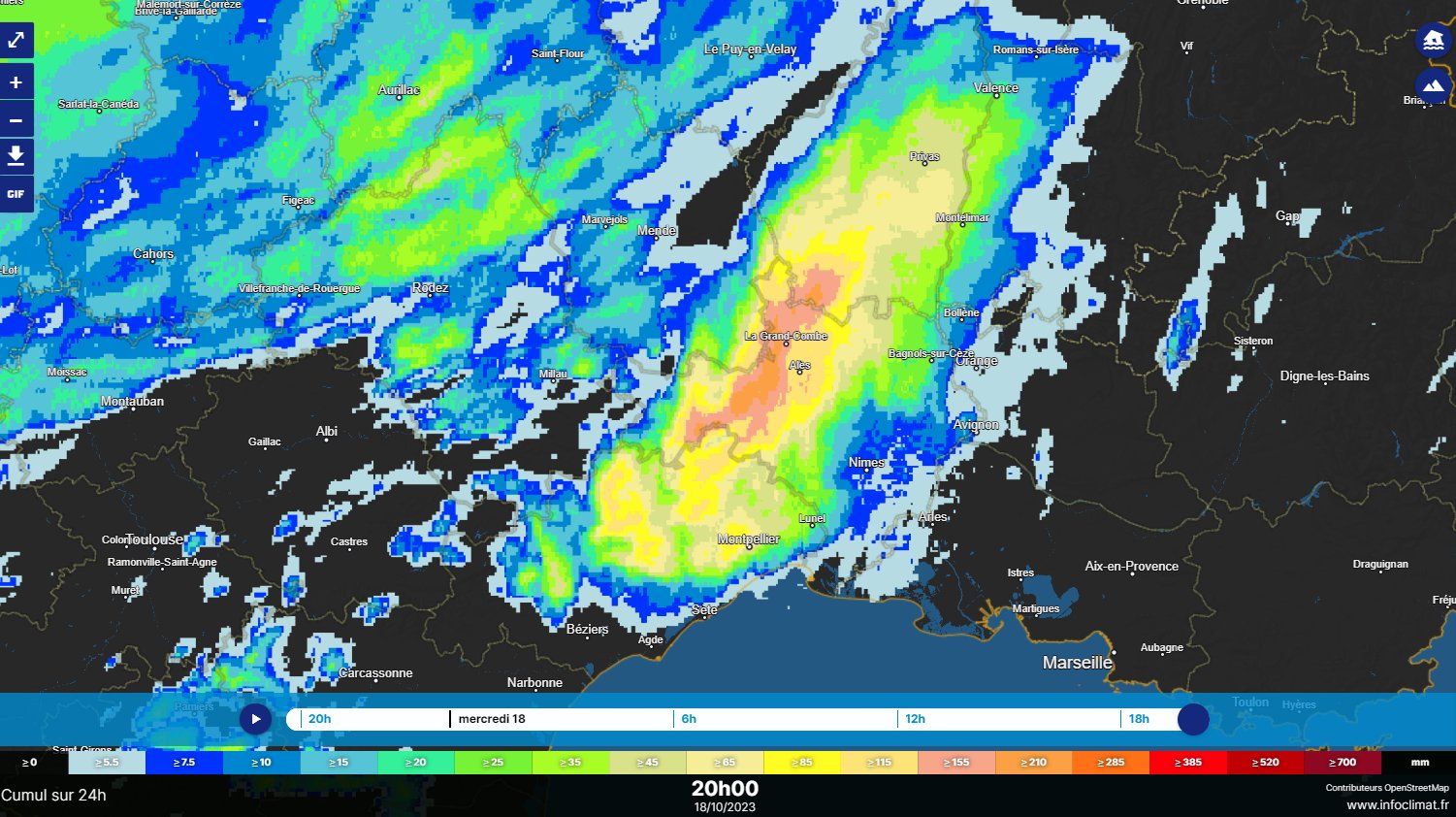 <p>Des cumuls horaires de 50 à 70 mm sont observés sur le piémont gardois, avec des lames d'eau localement > 150 mm ces dernières 24h dans le Gard. Carte lame d'eau radar Infoclimat</p>