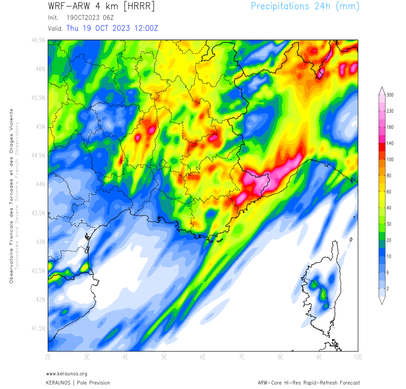 <p>Dernière modélisation ARW à rafraichissement rapide : jusqu'à > 250 mm envisageables sur le relief des Alpes-Maritimes (Alpes Ligures et est du Mercantour notamment) dans ce flux de sud rapide accentuant l'orographie. Même chose possible sur le secteur de Levens.</p>
