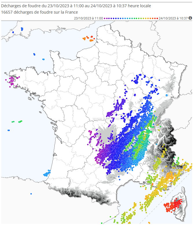 <p>Forte activité électrique sous orages ce lundi 23 octobre sur le quart sud-est du pays : plus de 16500 éclairs détectés en 24h, soit un épisode significatif pour un mois d'octobre. Ardèche, Cantal et Aveyron arrivent en tête des départements les plus foudroyés, avec plus de 1500 éclairs chacun.</p>