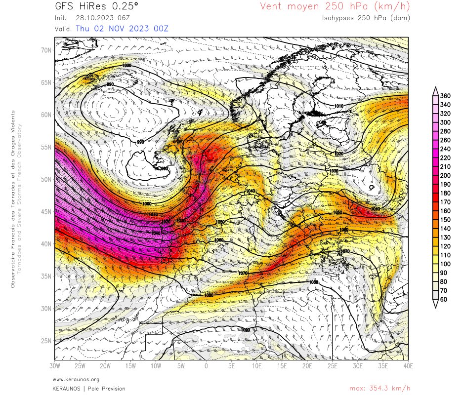 <p>Le courant-jet d'ouest devrait s'accélérer nettement en milieu de semaine, pour atteindre ou dépasser les 350 km/h sur l'Atlantique. Le risque de dépressions tempétueuses pourrait se maintenir jusqu'au week-end prochain.</p>