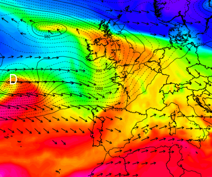 <p>Possible tempête : les champs du modèle européen de θ'w 850 hPa (masse d'air) + Jet + Pmer illustrent un cas d'école de creusement explosif, lorsque l'onde chaude passe en sortie gauche de jet. On observe ensuite un isolement de l'air chaud (séclusion) autour du centre dépressionnaire.</p>