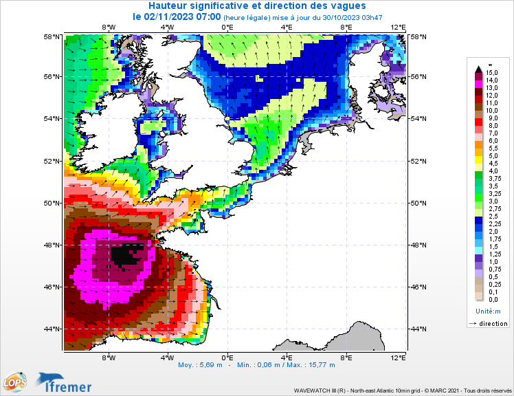 <p>Outre le vent, dont les valeurs restent à affiner, la dépression Ciaran va générer une forte houle (période 15/17 secondes). La hauteur significative des vagues devrait dépasser 13 m sur l'Atlantique jeudi matin.</p>