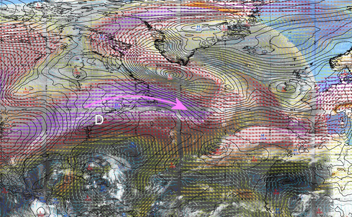 <p>A 15h UTC, le minimum de surface analysé à 1007 hPa qui va produire la tempête Ciaran est situé dans la région de New-York. Le jet d'altitude va se renforcer et ce minimum va interagir pour entamer un creusement explosif (jusqu'à 950/955 hPa). Image sat + Pmer + jet Eumetrain</p>