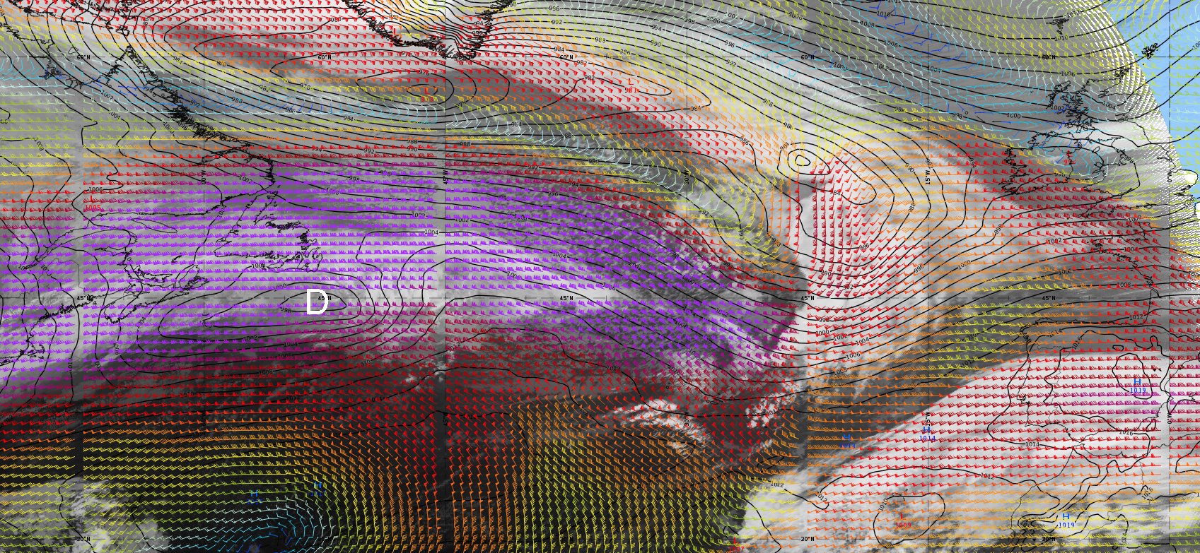 <p>Ce matin, le minimum de surface se creuse lentement (< 1000 hPa) au sud-est de Terre-Neuve. Lorsque ce dernier passera du côté gauche du violent courant-jet, le creusement explosif s'amorcera (jusqu'à 950 hPa environ sur le sud Angleterre). Carte Eumetrain</p>