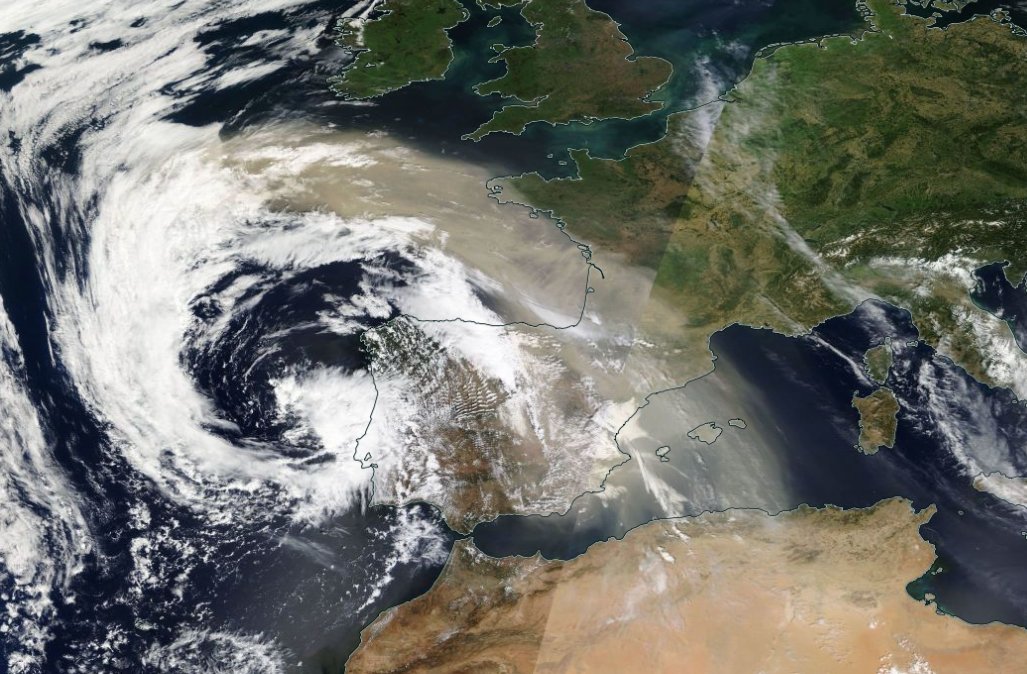 <p>Impressionnante vue de la goutte froide ibérique, associée à la remontée de sable saharien, capturée par le satellite Terra/Modis de la NASA ce lundi.</p>