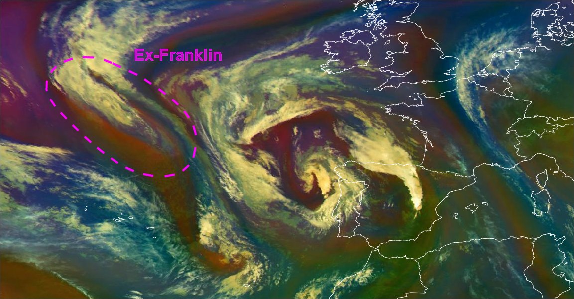 <p>A suivre également les restes de l'ouragan Franklin qui arrivent près des Açores et vont fusionner avec la goutte froide Ibérique. Il est possible qu'en fin de semaine, le système puisse acquérir des caractéristiques subtropicales.</p>
