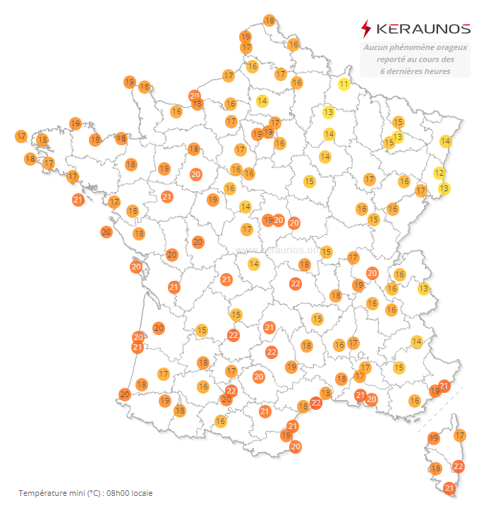 <p>Nuit tropicale (Tn > 20°C) sur certains secteurs avec des records mensuels de douceur nocturne battus à Aurillac, Rodez, Clermont-Ferrand, Lyon Saint-Exupéry ou bien encore Angoulême. </p>