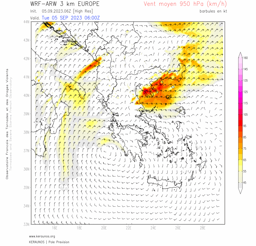 <p>Grèce - Le jet de basse couche d'ENE est maximal ce mardi en provenance de la mer de Thrace. Il produit une convergence humide et un soulèvement orographique extrême sur le Pélion. Ce jet va s'amortir un peu à partir demain matin mais il faudra attendre jeudi pour qu'il cesse.</p>