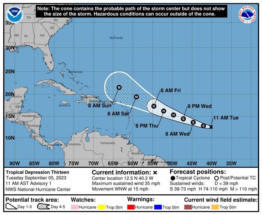 <p>La dépression tropicale n°13 est née dans l'Atlantique tropical. Le système devrait devenir un ouragan majeur d'ici la fin de semaine (candidat à la catégorie 5) en passant a priori au nord de l'arc antillais.</p>