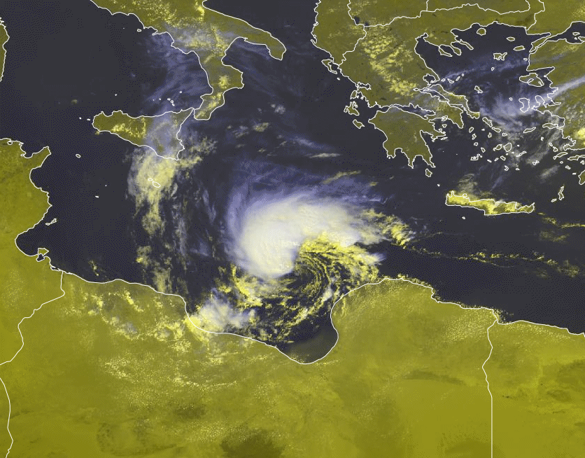 <p>Medicane - Spectaculaire animation de Daniel près de Benghazi en Libye ce samedi avec une convection qui domine de plus en plus autour du centre de la dépression.</p>