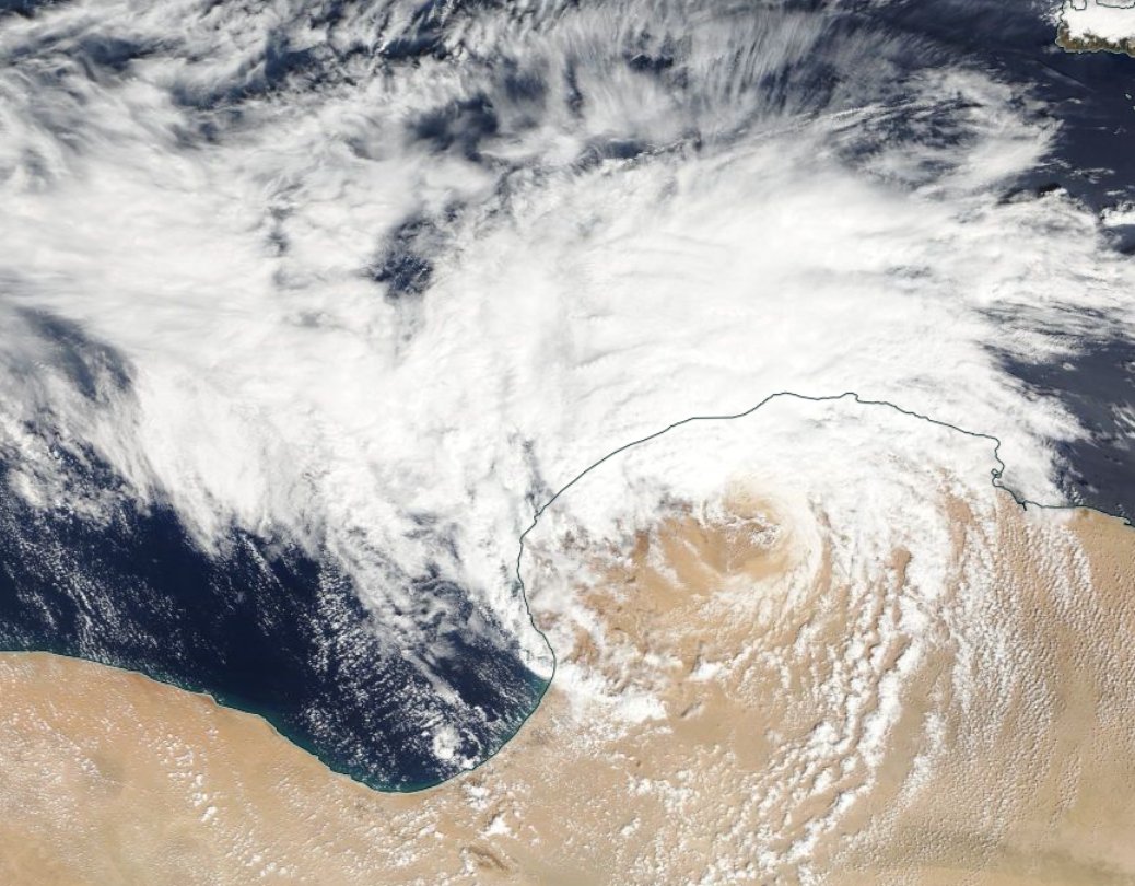 <p>Vue de la tempête Daniel sur la Libye ce dimanche. On constate le sable soulevé par les vents sur cette images satellite Modis/Terra de la NASA , près du centre dépressionnaire.</p>