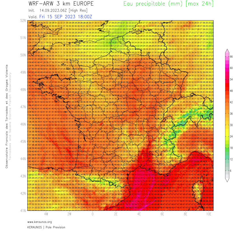 <p>Un épisode orageux très pluvieux paraît possible entre nuit de vendredi à samedi et samedi sur le sud-est (localisation à préciser). En tous les cas, les contenus en eau précipitable vont être très élevés (> 50 mm), à même de produire des cumuls horaires > 80 mm. A affiner.</p>