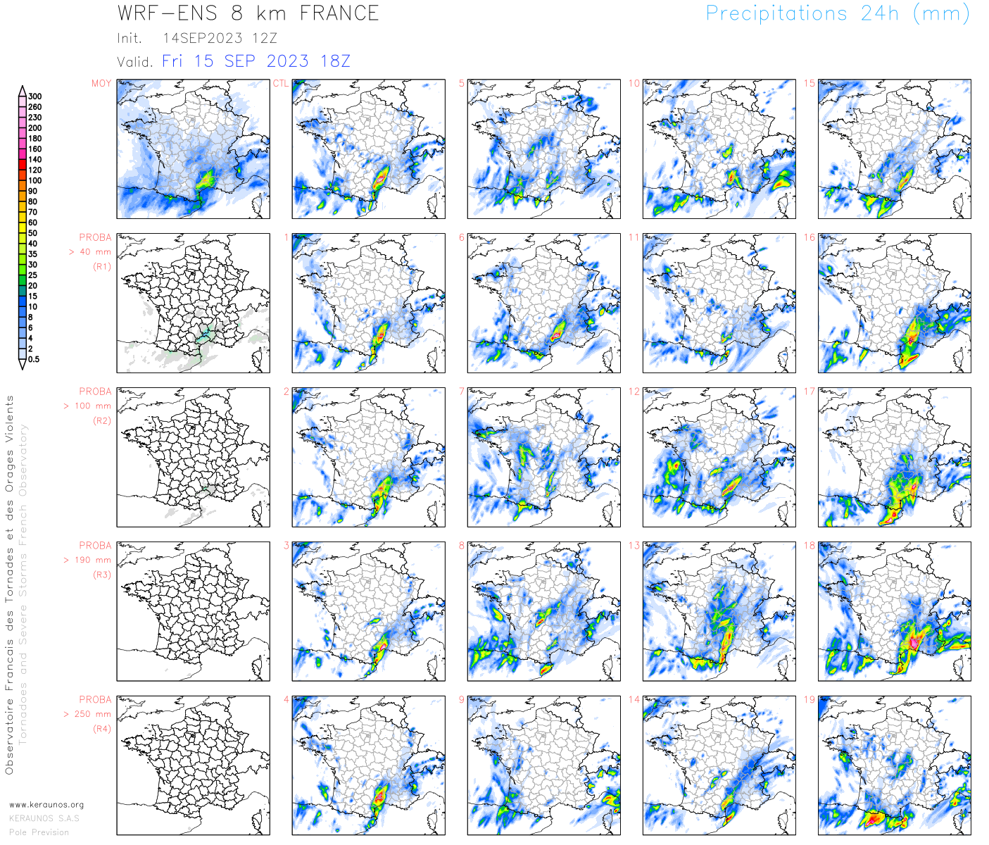 <p>Episode orageux en Méditerranée : le modèle d'ensemble initialisé sur plusieurs modèles suggère tout de même une localisation des plus forts cumuls sur le Languedoc, entre Hérault et Gard, avec incertitudes sur l'ampleur des cumuls et sur la zone (relief ou plaine).</p>