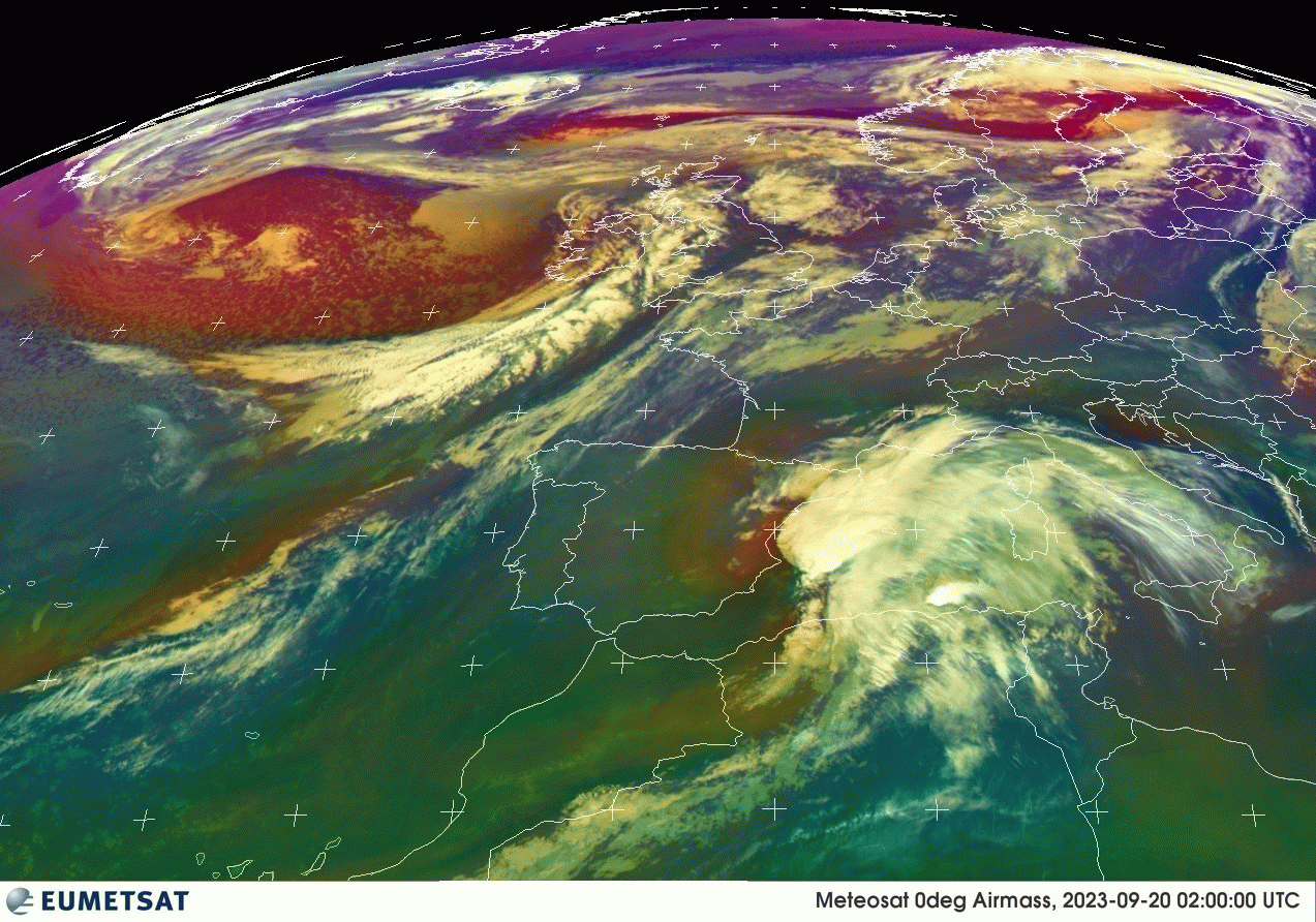 <p>Deux thalwegs d'altitude ce mercredi avec le premier responsable de la dégradation en Méditerranée évoluant des Baléares à la Corse. Le second, plus massif, pilote le front froid qui se développe sur la pointe bretonne (l'air froid à l'arrière se distingue en rouge).</p>