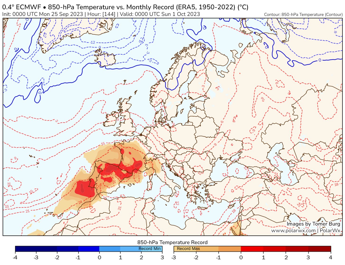 <p>Comme en août, comme en septembre, exceptionnelle dorsale anticyclonique prévue par modèle européen pour le week-end prochain. Géopotentiels records à 500 hPa & masse d'air record à 850 hPa sur le sud du pays. Des valeurs à 2m > 30/32°C envisagées, au-delà des records mensuels d'octobre.</p>