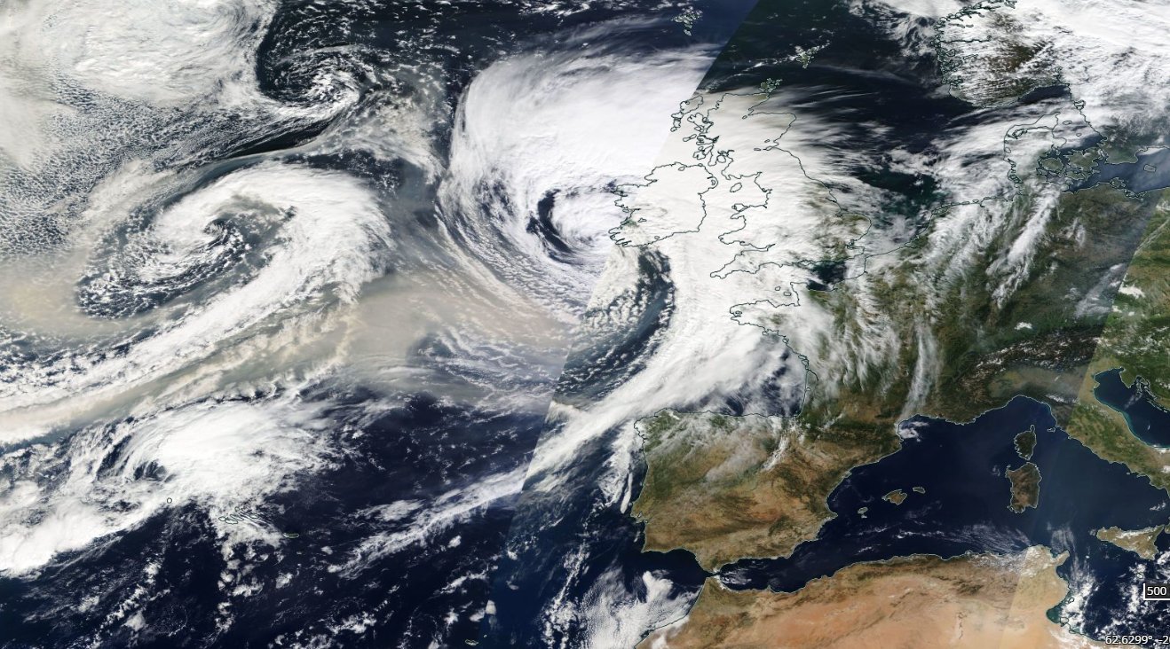 <p>Outre la tempête Agnès, beaucoup de fumées issues des incendies au Canada, visibles du satellite MODIS/Terra de la NASA ce mercredi sur l'Atlantique.</p>