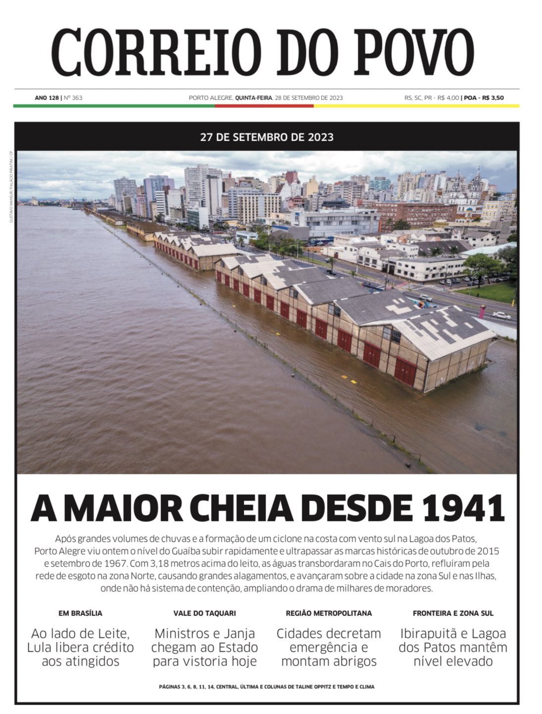 <p>Alors qu'une partie du Brésil a connu des températures records pour septembre, des inondations historiques sont en cours depuis quelques jours à Porte Alegre, avec crue record du Guaíba.</p>