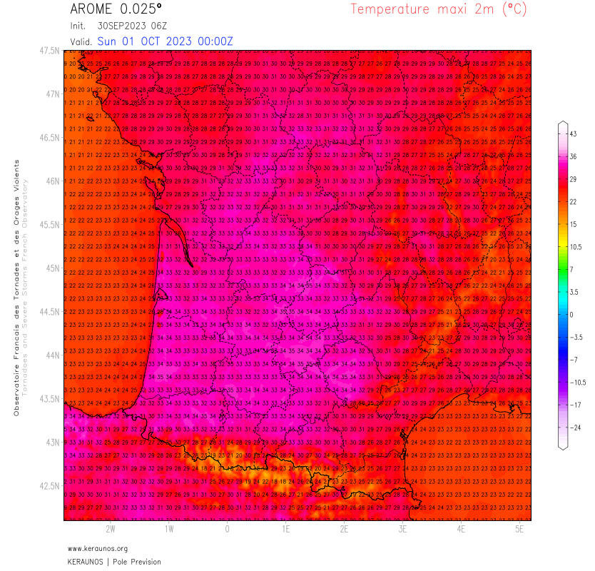 <p>La 1ère journée record est pour demain, surtout en Occitanie où il fera plus chaud que lundi avant le levée de l'Autan. Arome simule jusqu'à 35°C localement, déjà au niveau du record national d'octobre et bien au delà des records mensuels locaux sur tout le SO jusqu'en Touraine.</p>