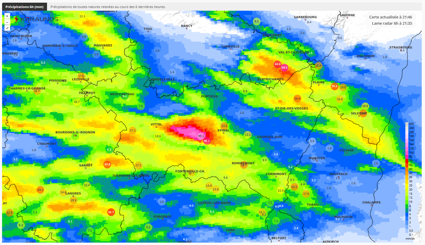 Nouvelle journ&eacute;e d'orages tr&egrave;s pluvieux sur le d&eacute;partement des Vosges. Au cours des 6 derni&egrave;res heures, les lames d'eau d&eacute;passent 120 mm dans le secteur de Ville-sur-Illon, soit + de 2 mois de pluie en quelques heures. Certaines zones sont noy&eacute;es et inaccessibles.