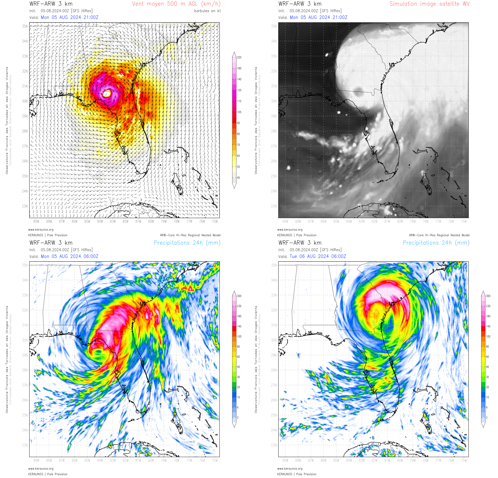L'ouragan Debby va produire des vents violents, et surtout des pluies diluviennes en raison d'un d&eacute;placement tr&egrave;s lent. Le dernier run ARW 3km g&eacute;n&egrave;re pour demain mardi des cumuls loc &gt; 500 mm en 24h en Caroline du Sud et G&eacute;orgie notamment.